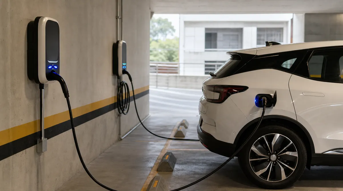 Punto de carga para vehículos eléctricos en el parqueadero de un edificio
