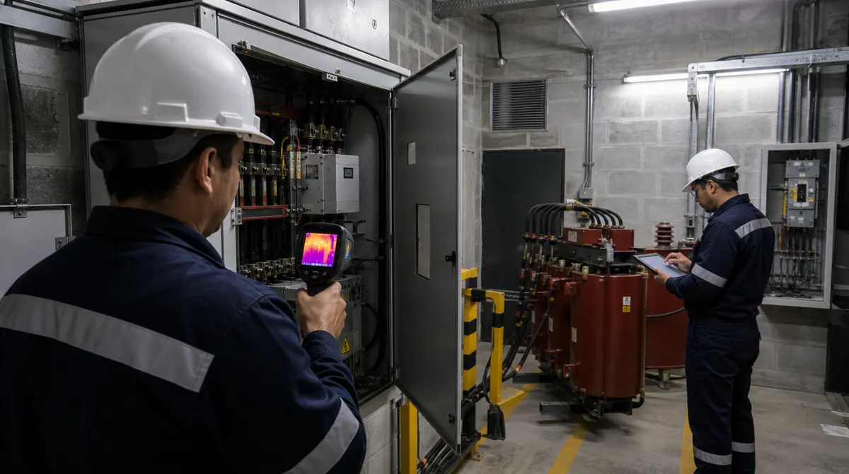 Técnico realizando termografía en el cuarto técnico de una subestación de edificio