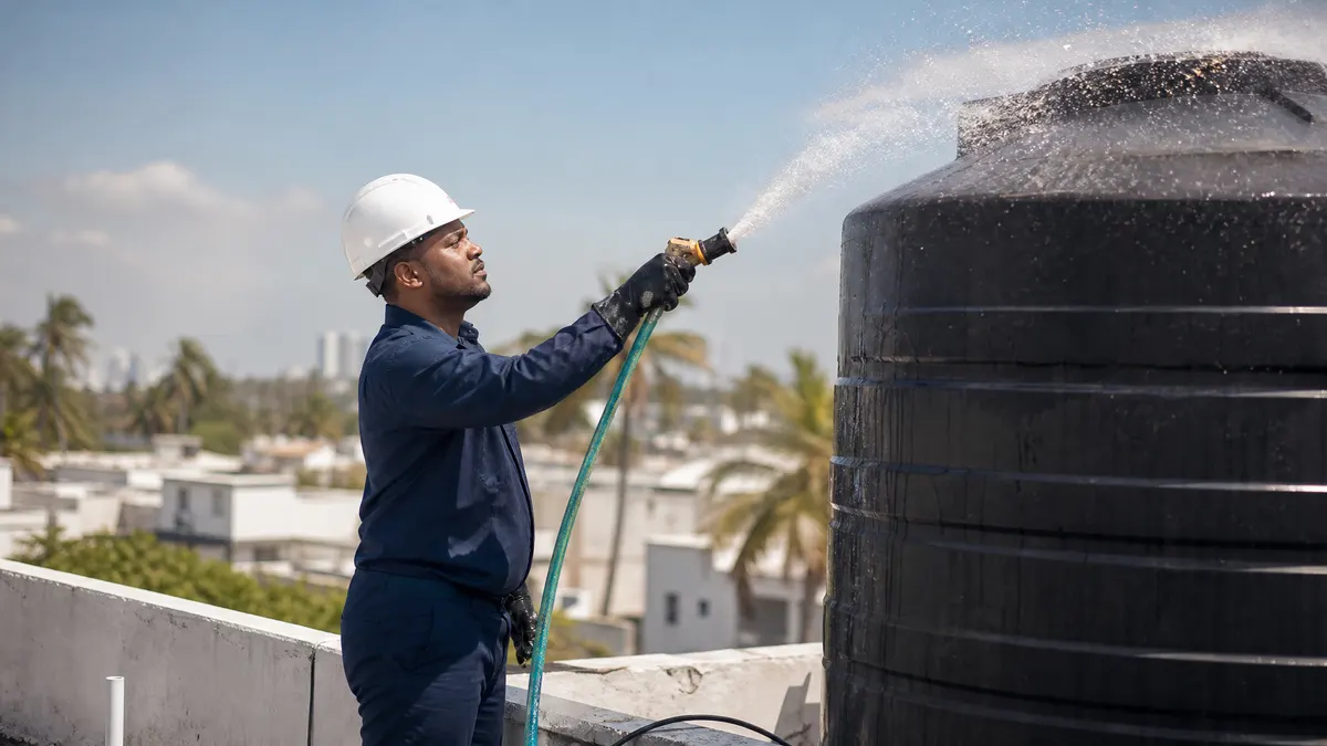 Lavado de un tanque de agua en una cubierta en la Costa Caribe