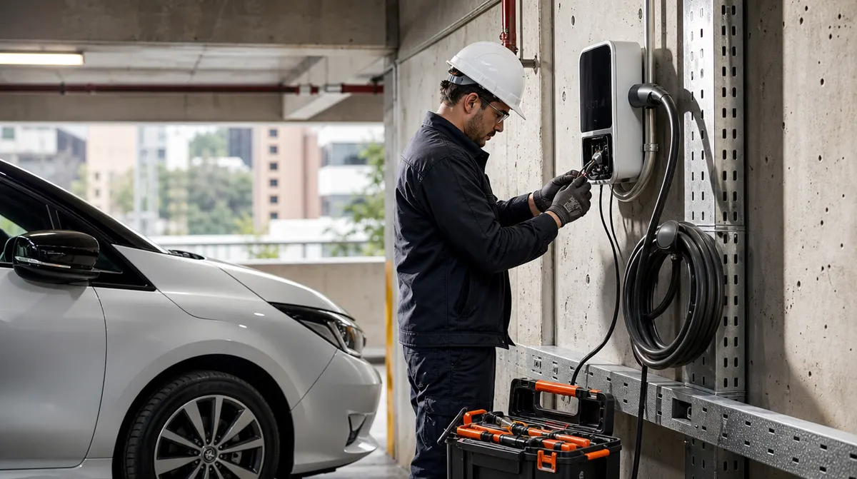Cargador para vehículos eléctricos instalado en el parqueadero de un edificio
